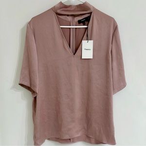 New Theory Crushed Satin Mock Neck Top In Satin Pink